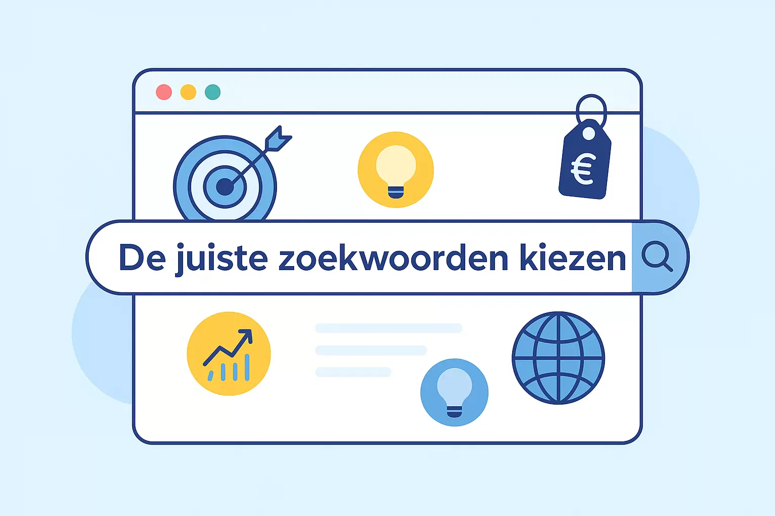 De juiste Zoekwoorden Kiezen voor je Website: Stappenplan 2026 1 Illustratie van zoekwoorden kiezen voor SEO met pictogrammen zoals doelwit, vergrootglas en grafiek