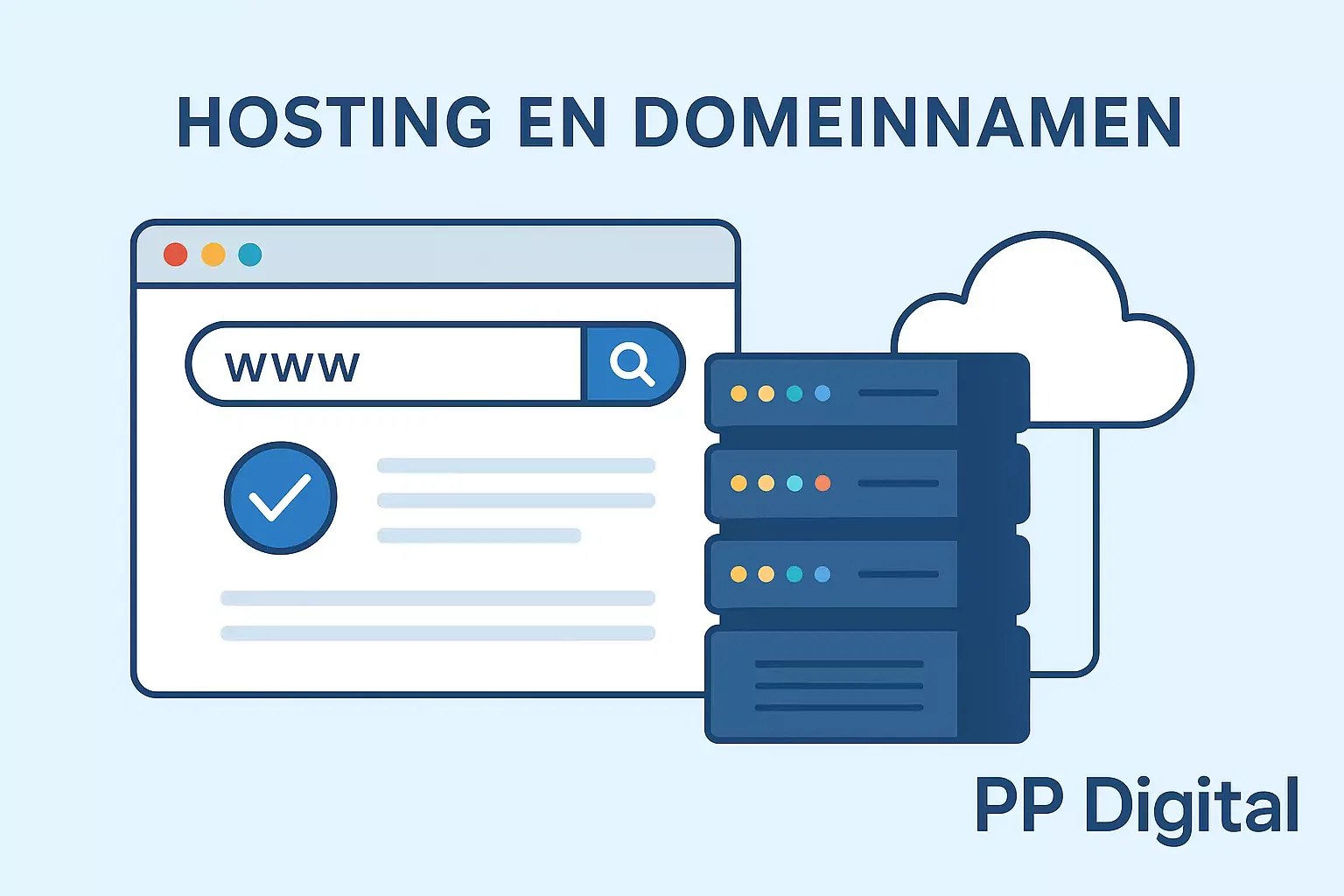 Hosting en domeinnamen 1 Illustratie met browser, server en cloud – hosting en domeinnamen beheer door PP Digital