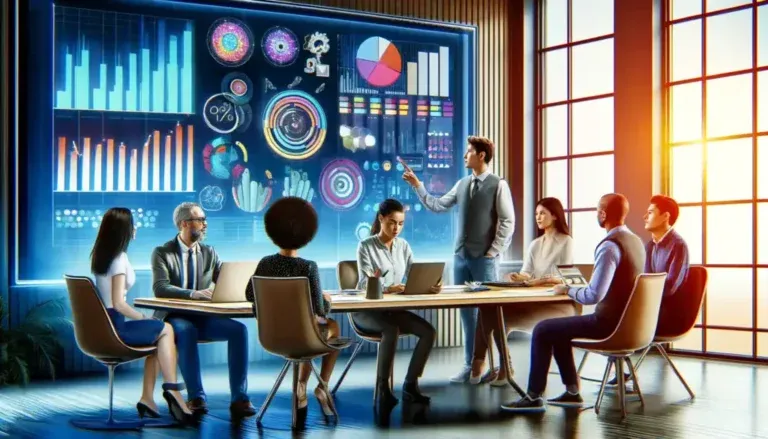 Het belang van een doelgroep analyse in effectief webdesign 5 Een afbeelding die een doelgroep analyse voorstelt in een gedetailleerde kantooromgeving met een divers team van marketingprofessionals