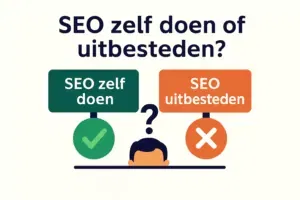 Afbeelding met weegschaal en SEO-iconen die de keuze toont tussen SEO zelf doen of uitbesteden