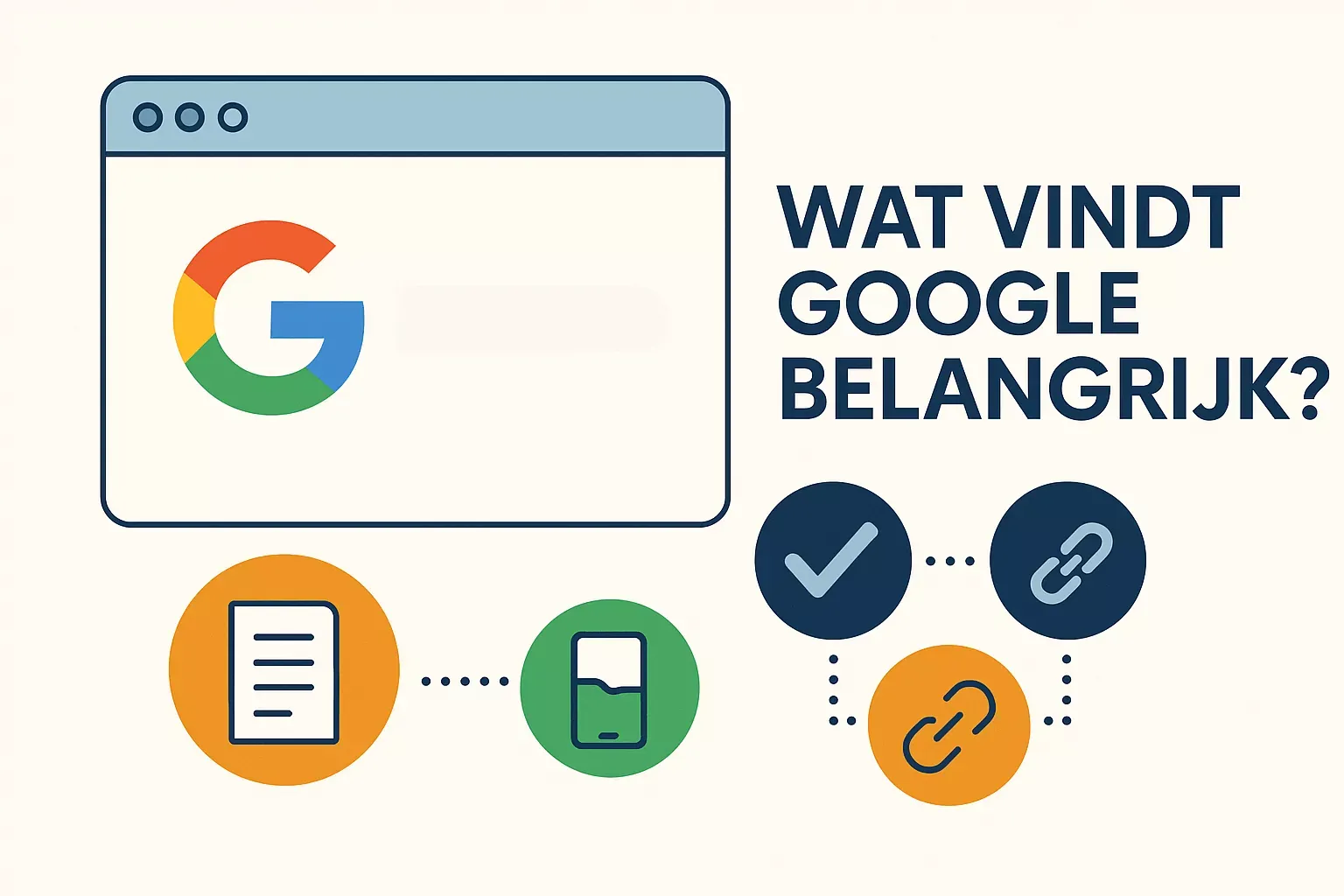 Wat vindt Google belangrijk: Illustratie van Google rankingfactoren zoals content, mobielvriendelijkheid en backlinks