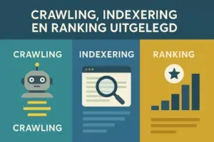 Infographic die crawling en indexering SEO alsook ranking visualiseert met iconen van een robot, vergrootglas en grafiek