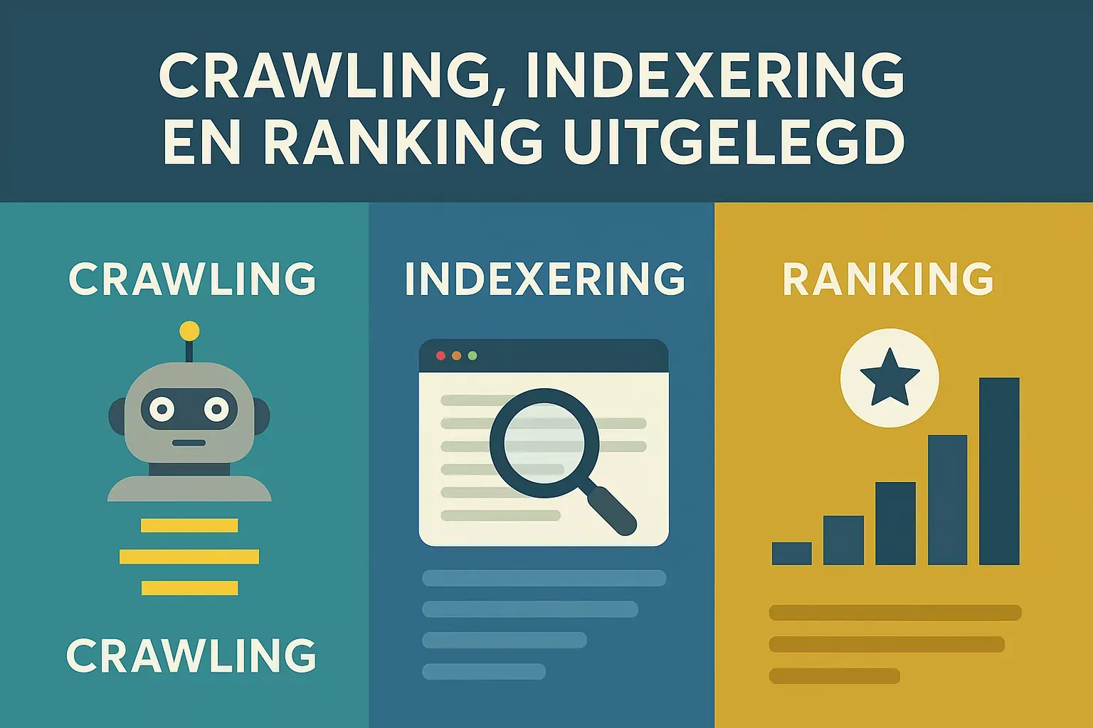 Infographic die crawling en indexering SEO alsook ranking visualiseert met iconen van een robot, vergrootglas en grafiek