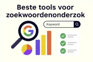 Illustratie met vergrootglas, grafiek, zoekvenster en checklist voor beste zoekwoorden onderzoek tool