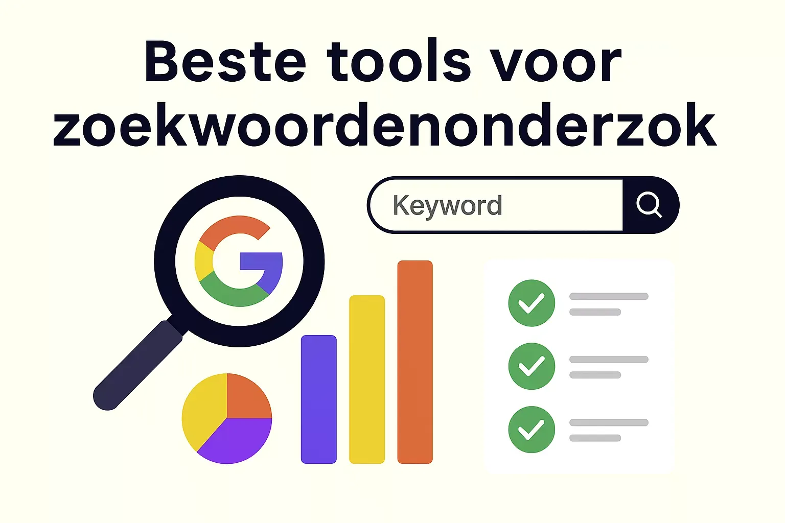 Illustratie met vergrootglas, grafiek, zoekvenster en checklist voor beste zoekwoorden onderzoek tool