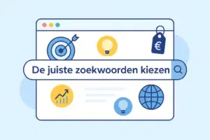 Illustratie van zoekwoorden kiezen voor SEO met pictogrammen zoals doelwit, vergrootglas en grafiek