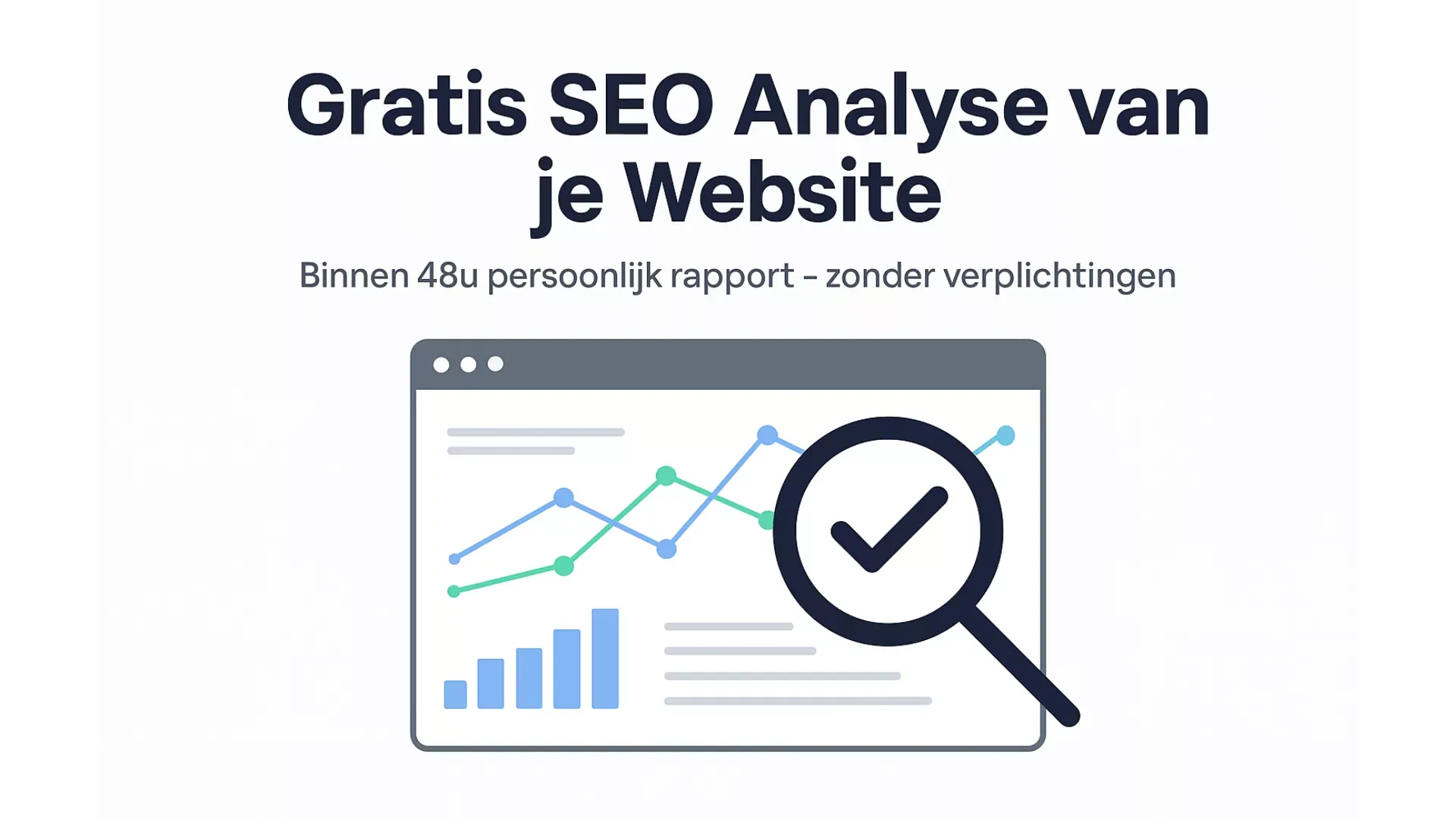 Illustratie van een SEO analyse met grafieken en vergrootglas – Gratis SEO Analyse van je Website bij PP Digital