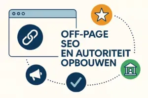 Illustratie met ketting-icoon en symbolen voor reputatie, vermeldingen en externe links binnen off-page SEO