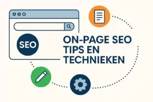 Illustratie met browservenster en SEO-iconen voor on-page SEO tips en optimalisatie
