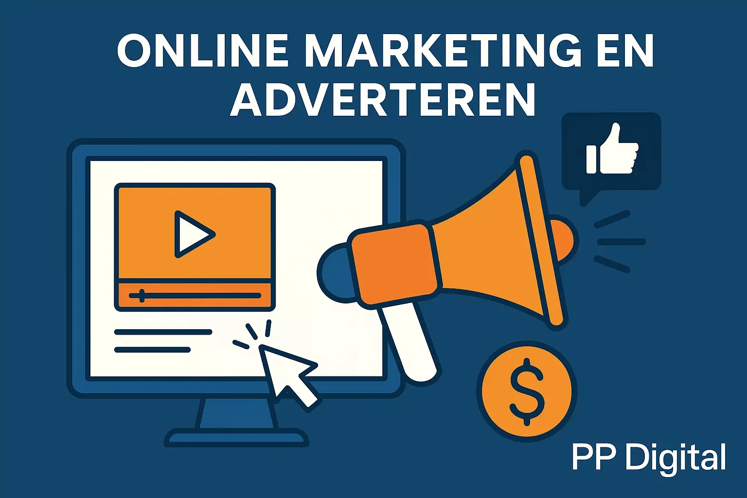 Illustratie met megaphone, videoadvertentie en like-icoon – Online marketing en adverteren door PP Digital