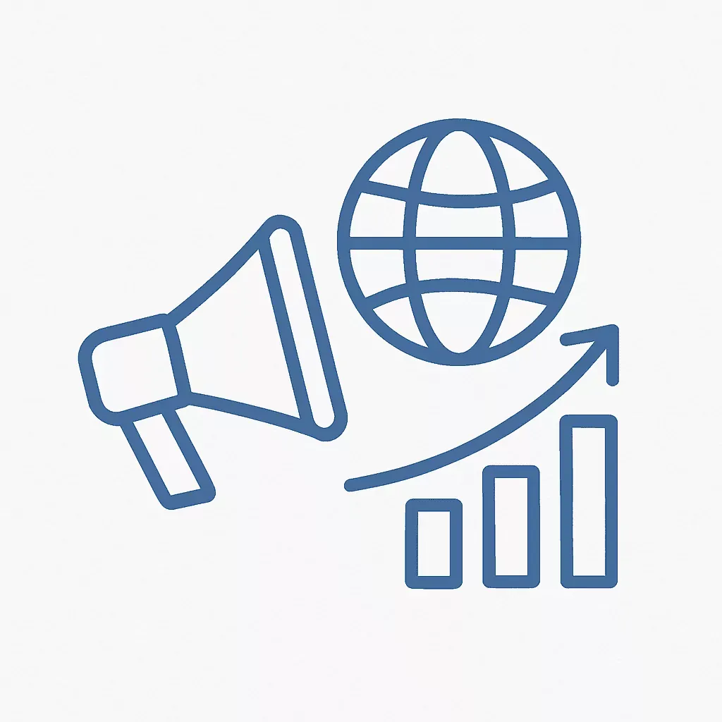 Icoon van een megafoon, wereldbol en stijgende grafiek – online marketing en adverteren via PP Digital.