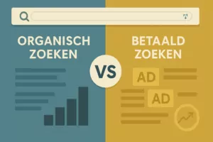 Illustratie die organisch en betaald zoeken vergelijkt met zoekresultaten en advertenties