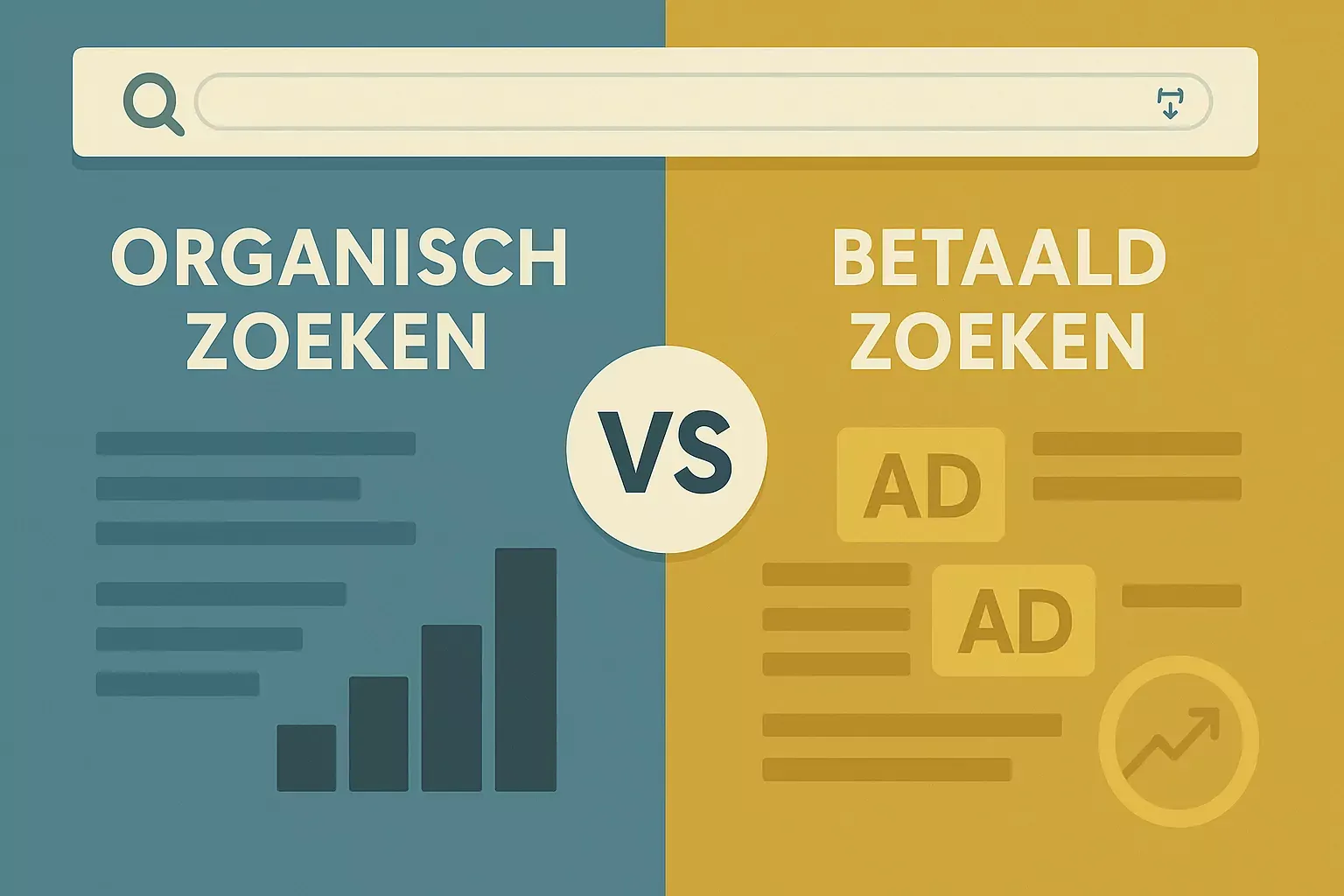 Illustratie die organisch en betaald zoeken vergelijkt met zoekresultaten en advertenties