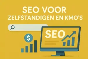 Illustratie van SEO voor Zelfstandigen en KMO die online scoren met SEO via content, techniek en lokale zichtbaarheid
