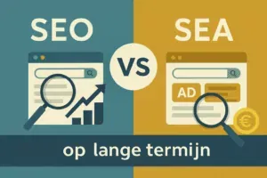 Illustratie die SEO en SEA vergelijkt: duurzaam organisch verkeer versus betaalde advertenties