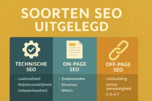 Illustratie die de drie soorten SEO toont: technisch, on-page en off-page optimalisatie