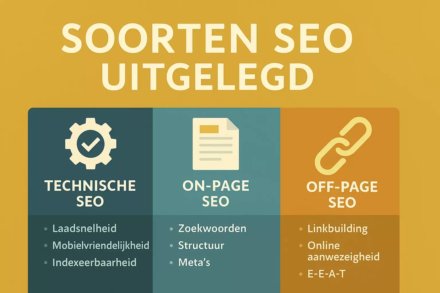 Illustratie die de drie soorten SEO toont: technisch, on-page en off-page optimalisatie