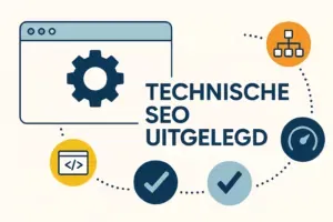Illustratie van technische SEO met symbolen zoals snelheid, structuur en codering