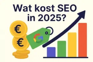 Illustratie met eurotekens, prijsetiket en groeigrafiek over Wat kost SEO in 2025
