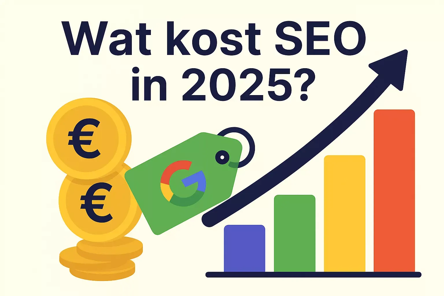 Illustratie met eurotekens, prijsetiket en groeigrafiek over Wat kost SEO in 2025