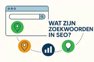 Illustratie met browservenster, zoekbalk en icoontjes die zoekgedrag en zoekwoorden in SEO voorstellen