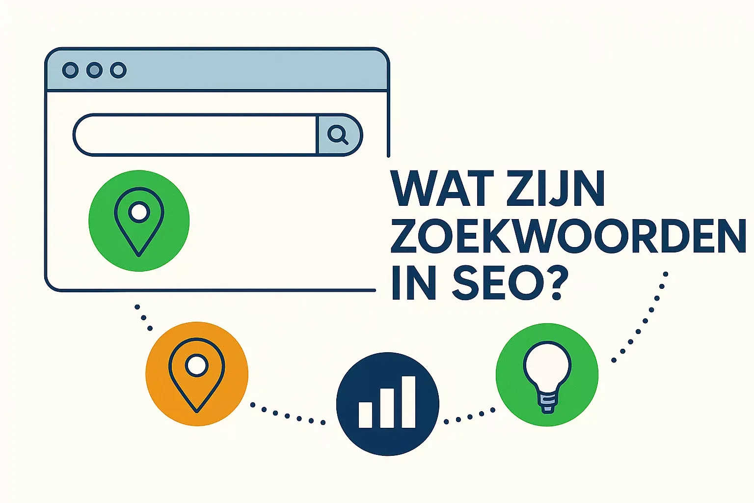 Illustratie met browservenster, zoekbalk en icoontjes die zoekgedrag en zoekwoorden in SEO voorstellen