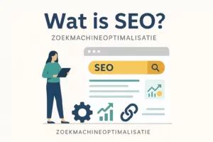 Illustratie van SEO-concept met zoekbalk en grafieken – uitleg voor beginners