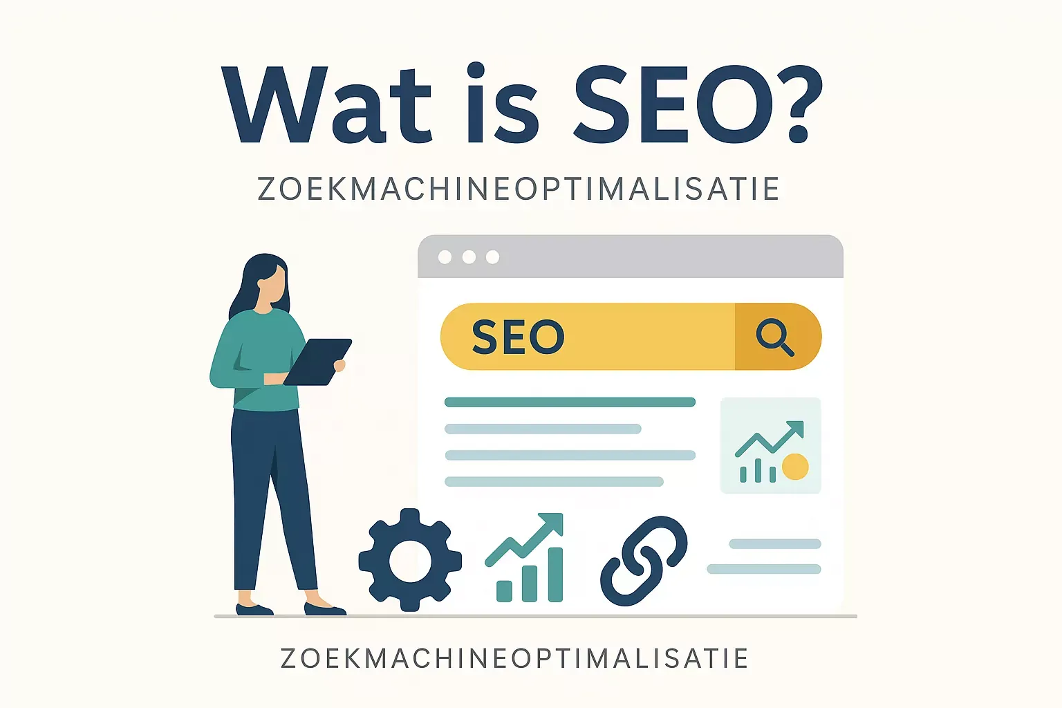 Illustratie van SEO-concept met zoekbalk en grafieken – uitleg voor beginners