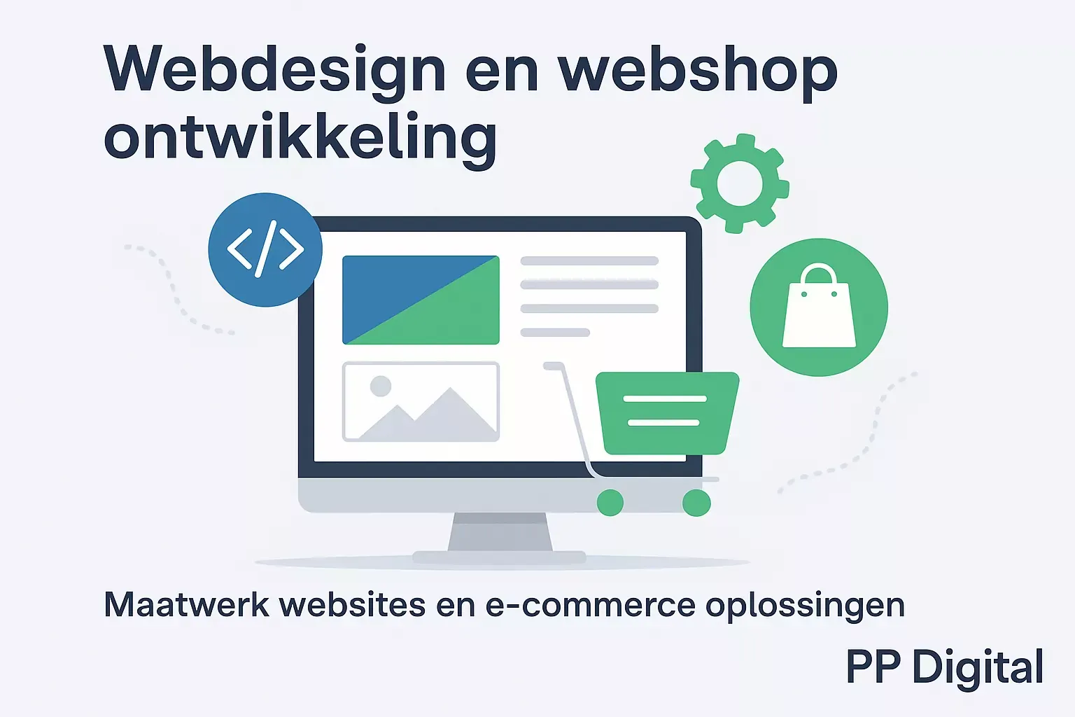 Illustratie van website-ontwerp, winkelkar en ontwikkeliconen – Webdesign en webshop ontwikkeling door PP Digital