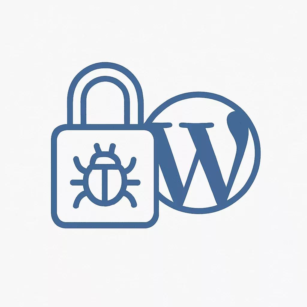 Icoon van een slot en bug-symbool naast het WordPress-logo – beveiligingsherstel door PP Digital.
