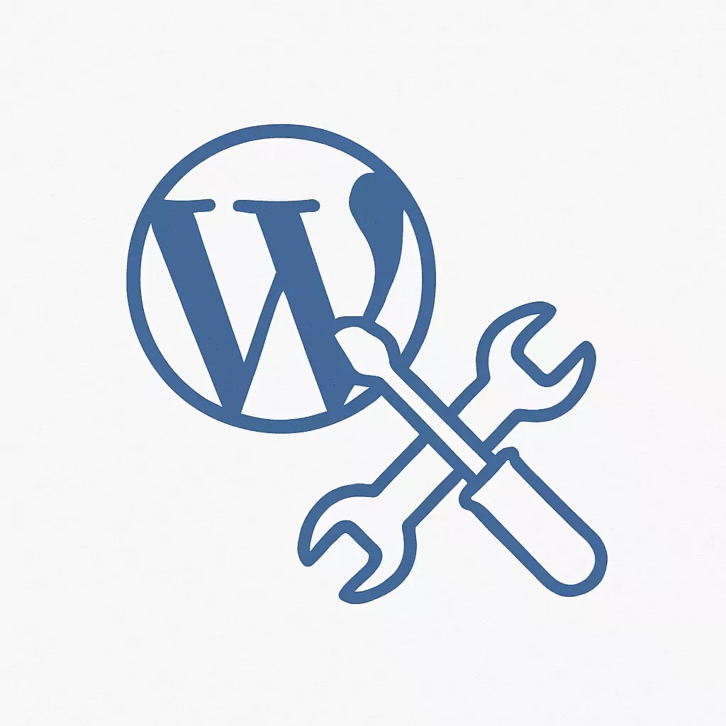 Icoon met WordPress-logo, sleutel en schroevendraaier – website support en onderhoud door PP Digital.