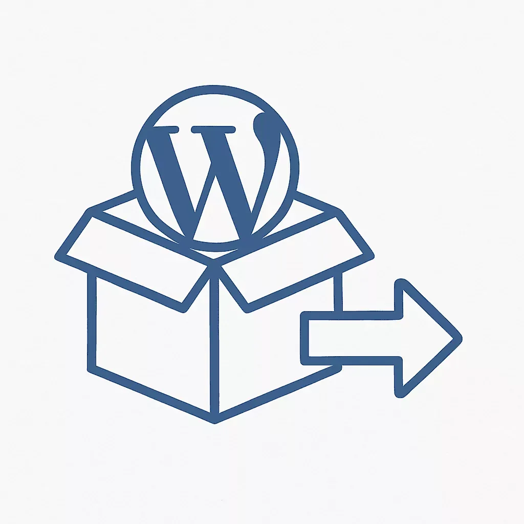 Icoon van een open verhuisdoos met WordPress-logo en pijl – gratis verhuisservice aangeboden door PP Digital.