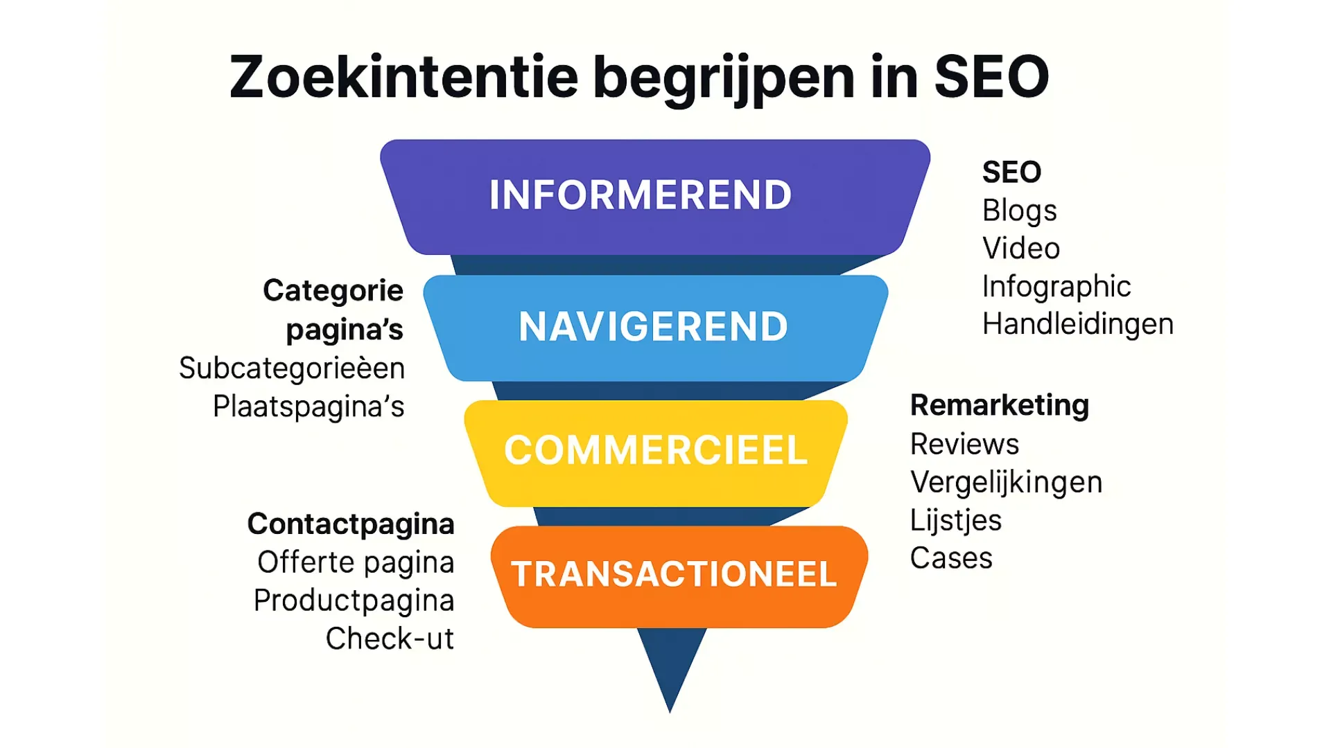Infografiek met keywordbalk, funnel en zoekintenties als 'informatief', 'commercieel'