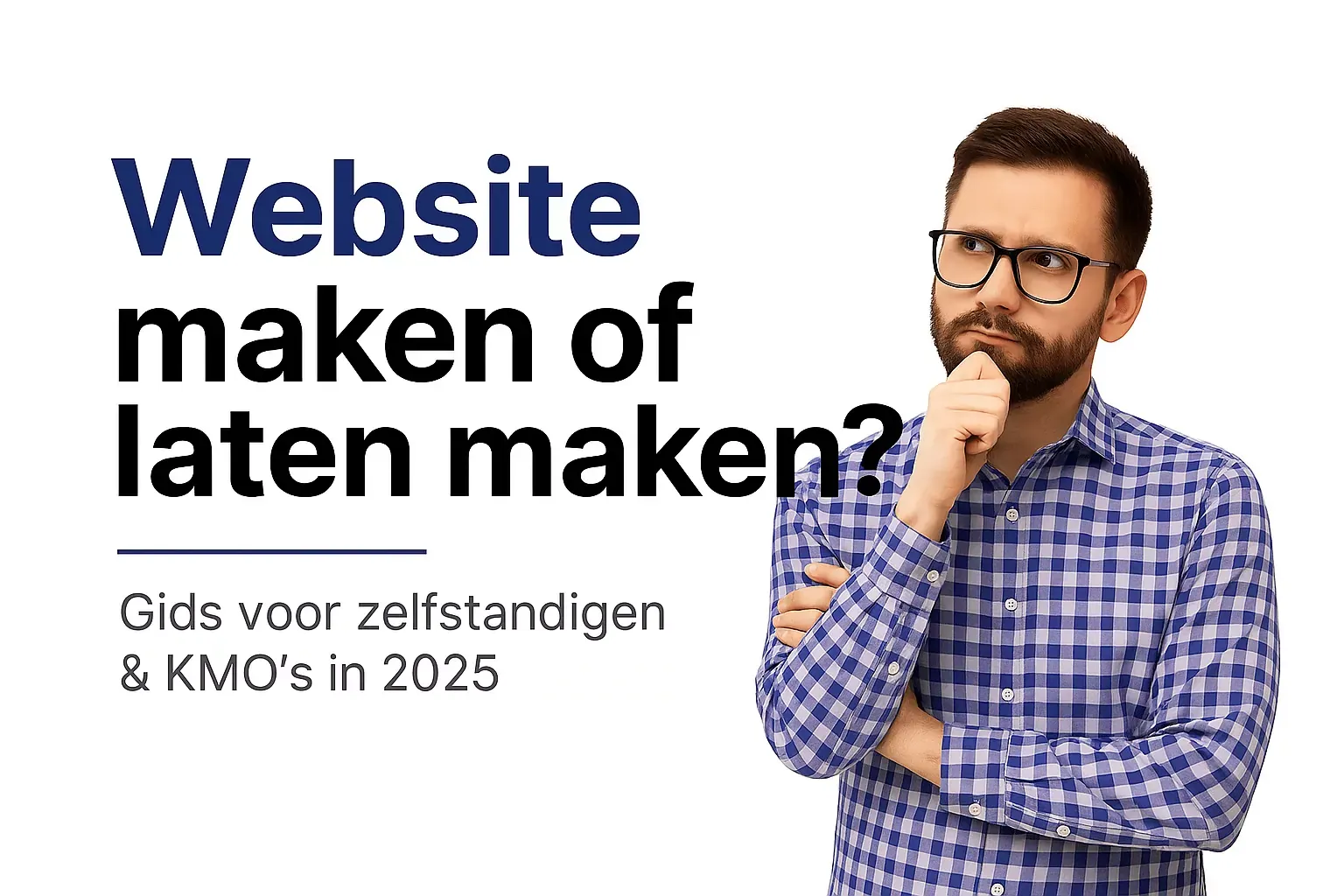 Man die nadenkt naast de tekst “Website maken of laten maken? Gids voor zelfstandigen en KMO’s in 2025”